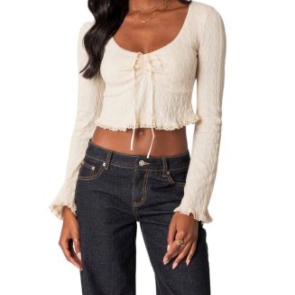 Edikted Cream Cable Knit Tie Front Lace Trim Long Sleeve Crop Top Womens Size M